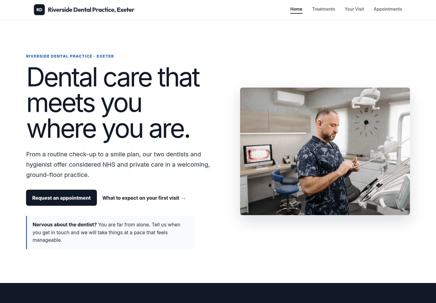 Riverside Dental Practice, a real website generated with BotPool Create (Clinical calm)