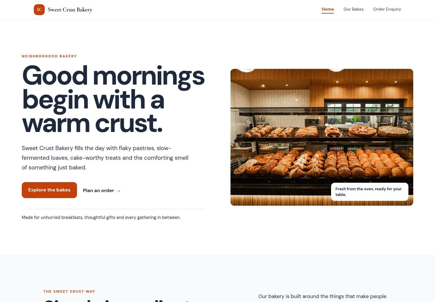 Sweet Crust Bakery, a real website generated with BotPool Create (Warm amber)
